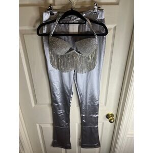 The Cande Shop Silver Rhinestone Fringe Halter Top and Metallic Pants Set NEW